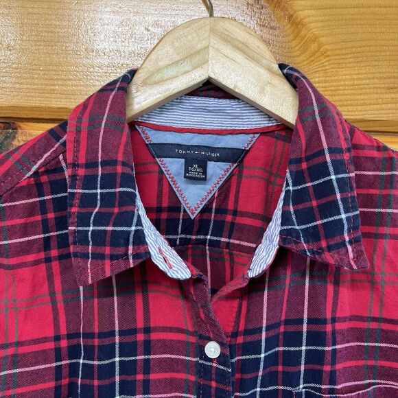 Tommy Hilfiger Button Up Flannel Shirt Womens Size XL Red Plaid Roll Tab Sleeve - Picture 2 of 5
